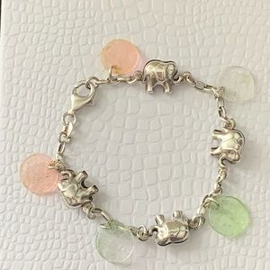 925 Sterling Silver Charm Bracelet Elephants & Crackle Glass Beads